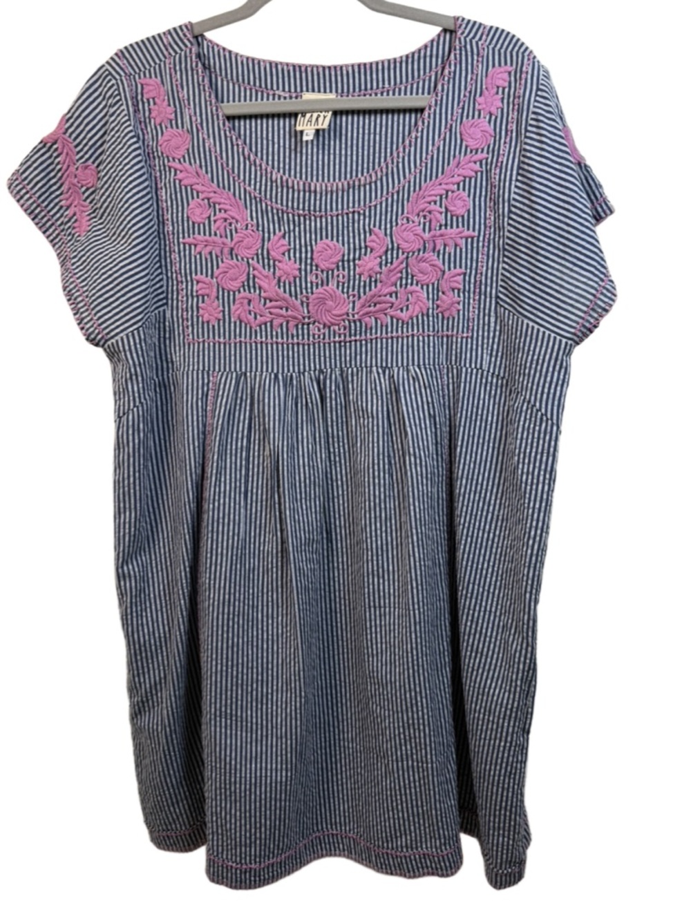 Sister Mary Blue Striped Midi Dress with Pink Embroidered Floral Yoke